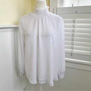 NY Collection White & Silver Metallic Stripe High Smocked Neck Blouse Large